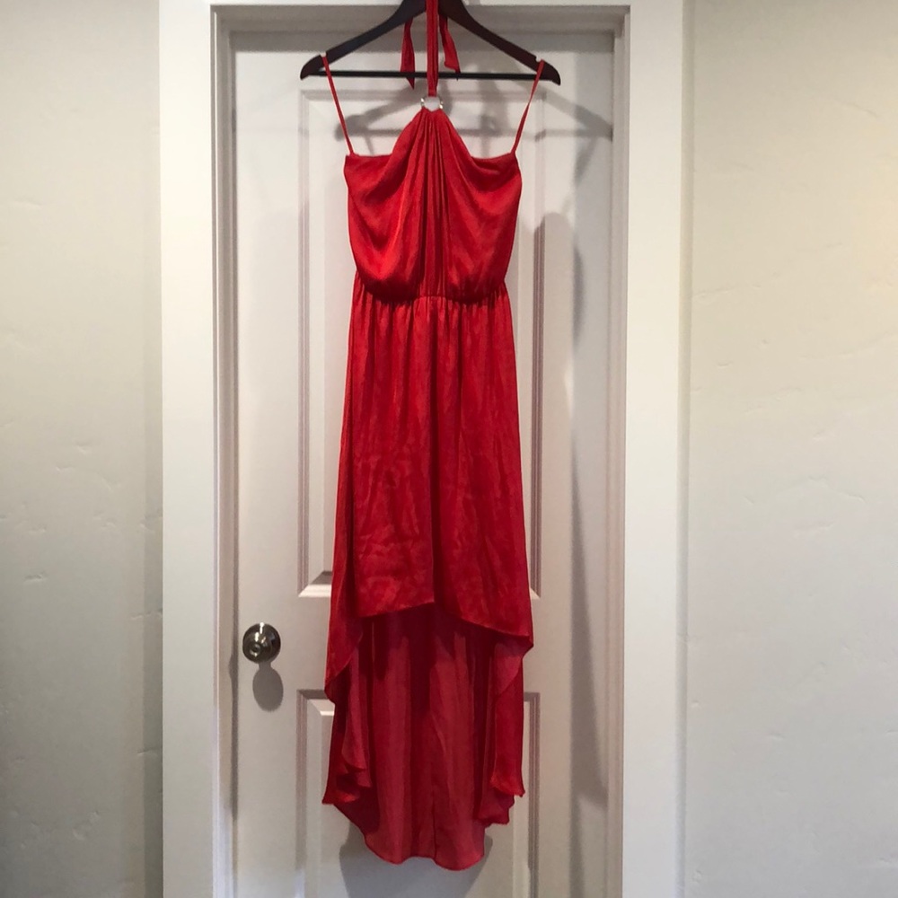 White House black market high low dress. Ties around neck, strapless. Coral
